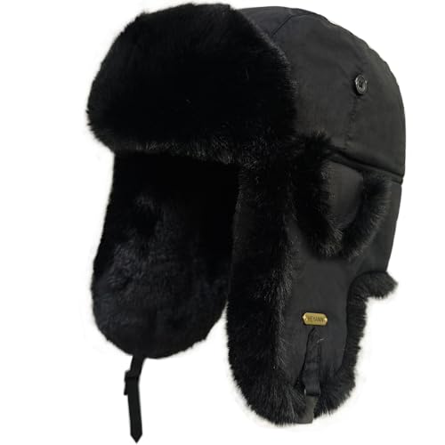 Trapper Hat for Men Women Faux Fur Aviator Russian Ushanka Hat Winter Hunting Hats with Ear Flaps Fur Tropper Bomber Ski Hats - color: Black-blacktatu, size: XX-Large-3X-Large