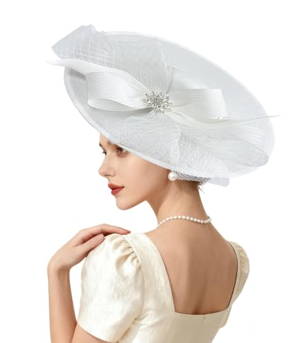 Kgromfy Women's Wide Brim Fascinator Hat Tea Party Headband Large Vintage Church Hat Lady Headwear for Derby Wedding Cocktail - color: White