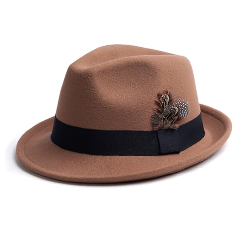 Short Brim Fedora Hat for Men Women Felt Trilby with Feather - color: Khaki