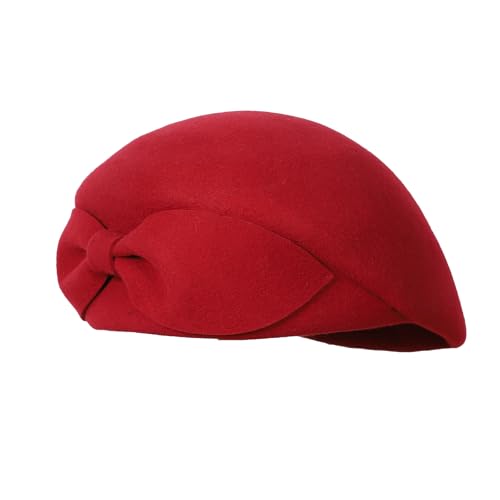 Womens Wool Felt French Berets Pillbox Hat Vintage Beanie Beret Bowknot Cap - color: 1 Wine Red