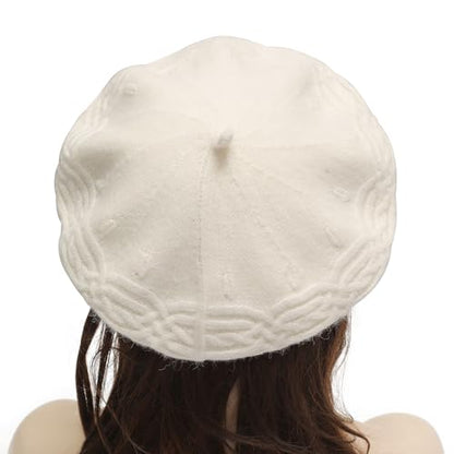 ZLYC Women French Beret Hat Reversible Solid Color Knit Warm Artist Cap - color: Cable Knit White