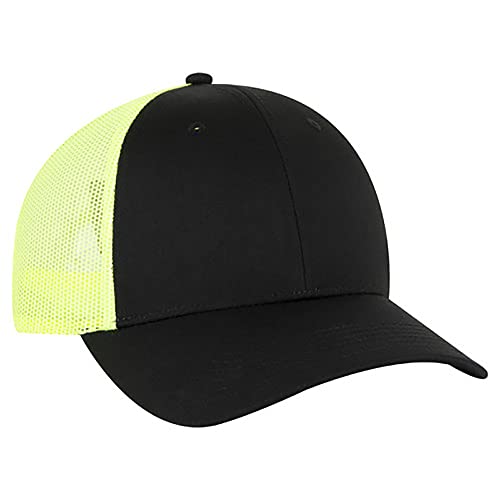 Ashen Fane 6 Panel Blend Twill Structured Low Profile Mesh Back Snapback Trucker Hat - color: Blk/Blk/N.ylw