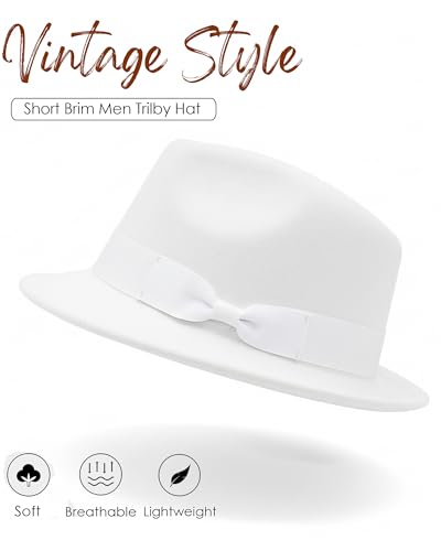 Fedora Hats for Men Women 1920s Short Brim Felt Trilby Hat - color: White