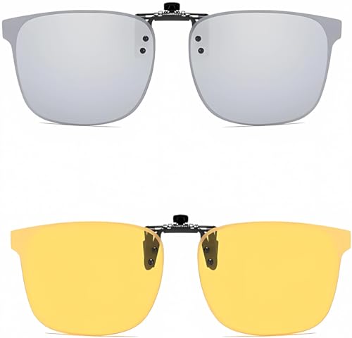 Clip on Flip up Polarized Lens For Prescription Glasses UV Protection Sunglasses (Clear lenses not Polarized) - color: Am05 Yellowsilver