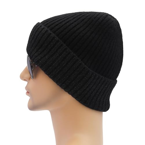 ZLYC Men Winter Knit Fisherman Beanie Hat Fashion Warm Daily Skull Cap - color: Cuffed Charcoal and Black