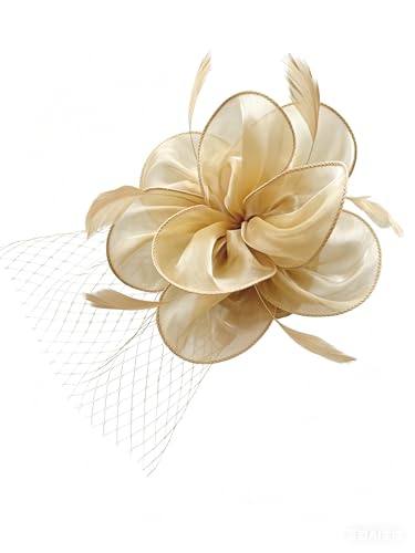 SAFERIN Women's Fascinators Feathers Tea Party Hat Veil Headband with Hair Clip for Cocktail Church - color: Ta2-floral Mesh Khaki