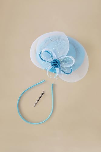 BABEYOND Fascinators Hats for Women Tulle Pillbox Knot Bead Tea Party Hat - color: Light Blue