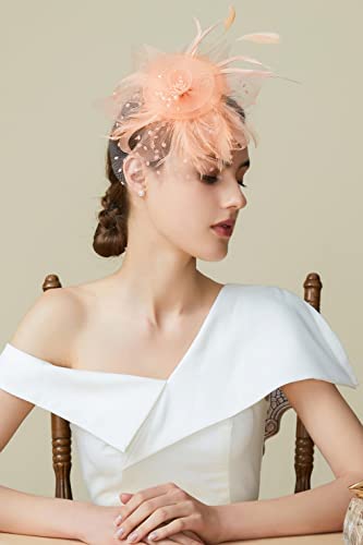 BABEYOND Fascinators Hats for Women Tea Party Flower Tulle Bead Derby Hat - color: Champagne