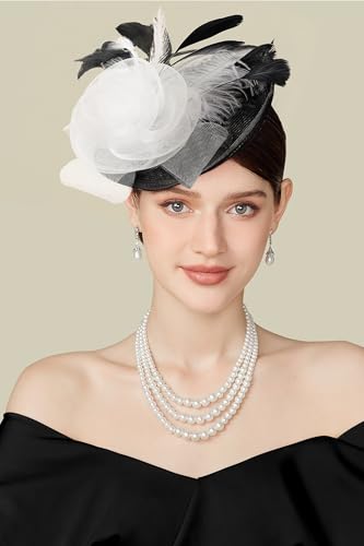 BABEYOND Fascinators Hats for Women Tea Party Mesh Flower Pillbox Derby Hat - color: Black White