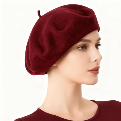 Women French Beret Hat Solid Artist Hat Wool Beret Winter Warm Beanie Cap - color: Dark Red