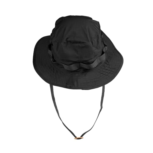 Mil-Tec Unisex Cotton Ripstop Boonie Hat - Durable Lightweight Tactical Outdoor Vented Wide Brim Hat w/Adjustable Chin Strap - color: Black, size: Medium