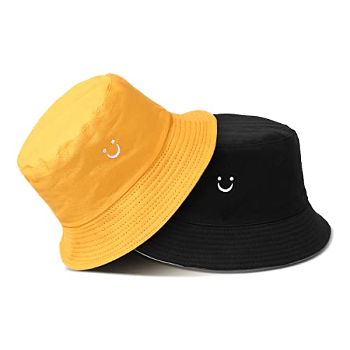 Unisex Cotton Packable Bucket Hat Sun Hat Beach Cap for Men Women - color: Smile Face Yellow/Black
