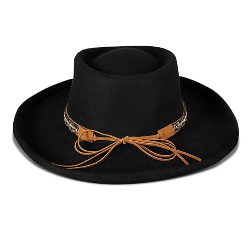 Lucky Brand Womens Ranger Hat | Wide Brim | Felt | Rancher | Americana | Western Inspired | Classic | Fashion | Cowboy - color: Rhinestone Tie - Black