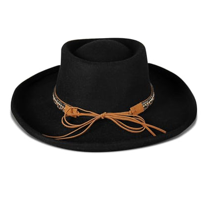 Lucky Brand Womens Ranger Hat | Wide Brim | Felt | Rancher | Americana | Western Inspired | Classic | Fashion | Cowboy - color: Rhinestone Tie - Black