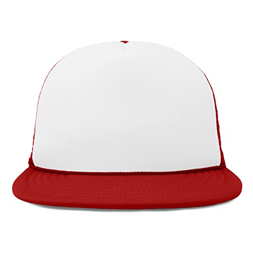 DALIX Flat Billed Trucker Hat Mesh Back S M L Adjustable Cap Solid Two Toned Snapback - color: Red-white, size: One Size
