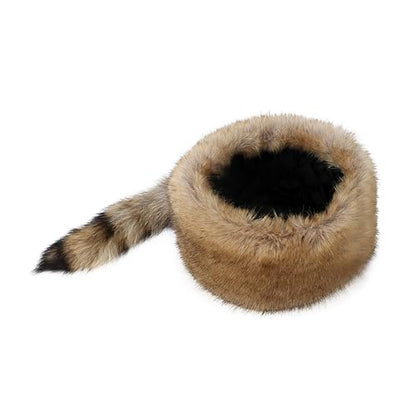 Women's Russian Cossack Hat with Raccoon Tail Furry Trapper Hat Plush Warm Winter Hats for Hunting Faux Fur Ski Cap - color: Light Brown