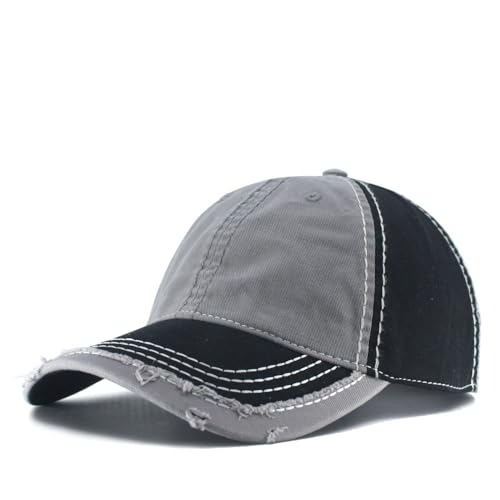 Washed Cotton Distressed with Heavy Stitching Adjustable Baseball Cap - color: Black/Gray/Black