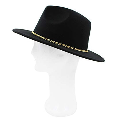 Premium 3" Wide Brim Solid Color Felt Gold Chain Fedora Panama Hat - color: Black