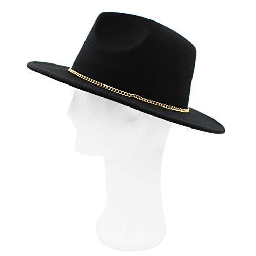 Premium 3" Wide Brim Solid Color Felt Gold Chain Fedora Panama Hat - color: Black