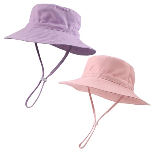 Peecabe Summer Baby Sun Hat for Boys Girls UPF 50+ Wide Brim Toddle Bucket Hat Adjustable Baby Beach Cap 0-8 Years - color: 2pcs-pink+purple, size: 0-6 Months