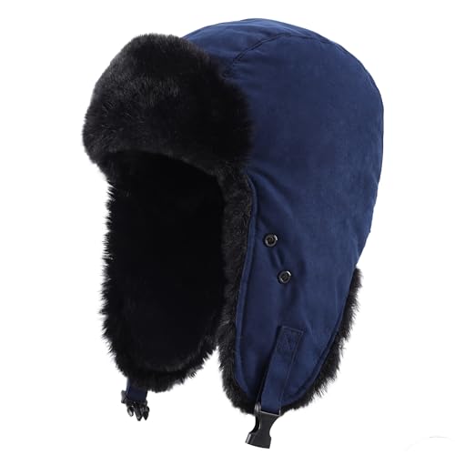 Connectyle Aviator Trapper Hat for Men Women Faux Fur Warm Winter Hat with Ear Flaps Faux Suede Ushanka Cold Weather Hats - color: Navy Blue