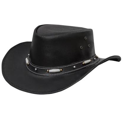 Dream Apparel Black Leather Cowboy Hat for Men Women Western Australian Outback Hat w/Shapeable Wide Brim, Aussie Style Hat - size: Medium