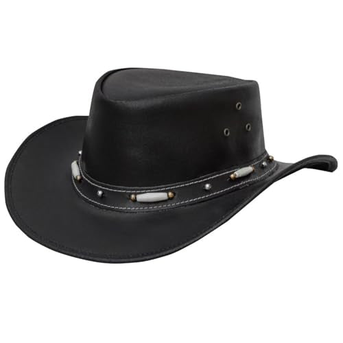 Dream Apparel Black Leather Cowboy Hat for Men Women Western Australian Outback Hat w/Shapeable Wide Brim, Aussie Style Hat - size: Medium