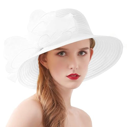 Women's Kentucky Derby Church Dress Hat Wide Brim Leaf Flower Bridal Shower Hat - color: 01 White