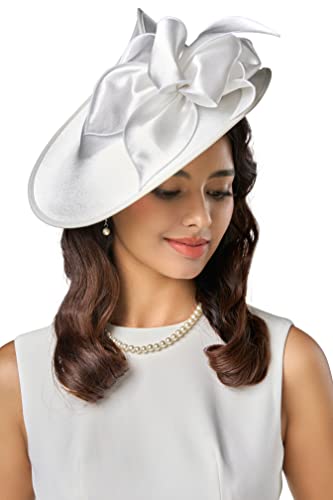 BABEYOND Derby Fascinators Hats for Women Wide Brim Tea Party Flower Hat - color: White