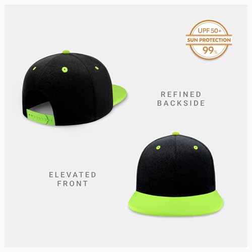 CHOK.LIDS Classic Snapback Flat Bill Hat Blank Adjustable Baseball Cap - color: Black/Neon Green