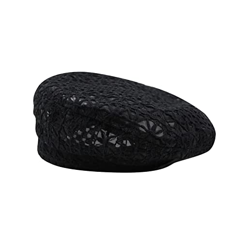 Women Lightweight Beret Floral Hollow Out Hat Breathable French Beret Beanie Hat Cap for Spring Summer - color: Black Lace 1#