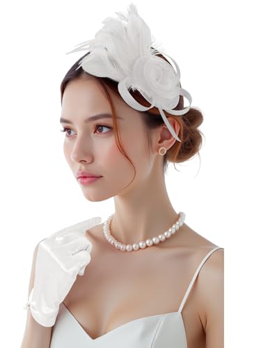 2Pcs 50s Fascinators Hats for Women Wedding Cocktail Flower Mesh Ribbons Feathers Church Tea Party Hats and Lace Glove - color: White