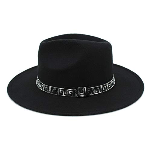 Premium 3" Wide Brim Solid Color Felt Gold Chain Fedora Panama Hat - color: Black W/ Greek Key Rhinestone Band
