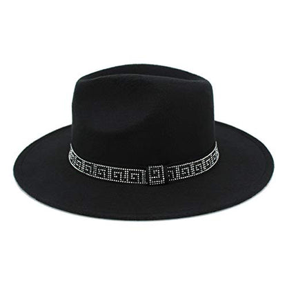 Premium 3" Wide Brim Solid Color Felt Gold Chain Fedora Panama Hat - color: Black W/ Greek Key Rhinestone Band