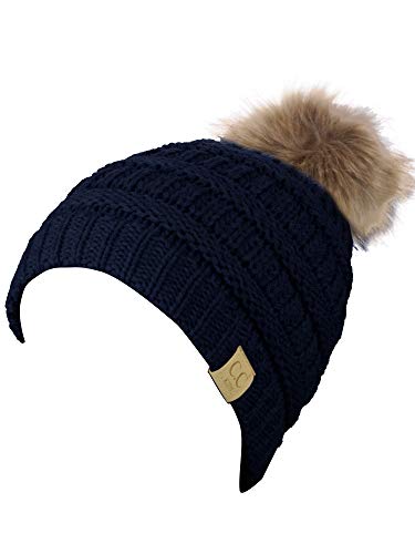 C.C Children's Kids' Soft Stretch Cable Knit Faux Fur Pom Beanie Hat - color: Navy
