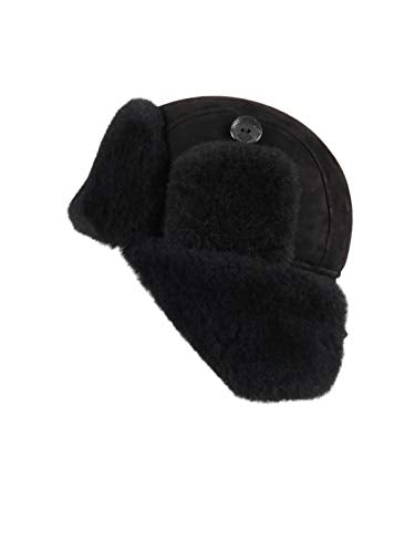 Winter Trapper Fur Hat for Women Men - Trooper Aviator Genuine Leather Shearling Sheepskin Ushanka Hat - color: Black Suede, size: Medium
