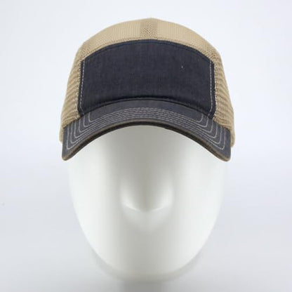 Washed Cotton Twill Five Panel Adjustable Camper Caps - color: Dirty Wash Navy/Khaki Mesh