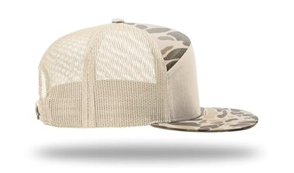 Richardson 168 168P Hat 7-Panel Trucker Cap Hi-Pro Snapback Cap Camo Hat Adjustable Baseball Hat Blank Hat Bulk Hats - color: Harvest Duck Camo/Sandstone