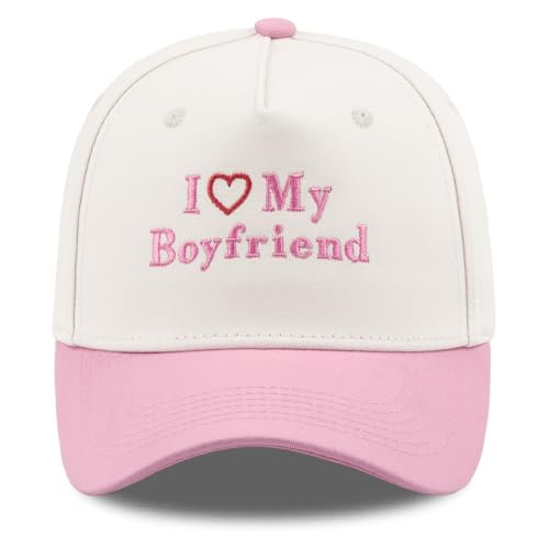 Funny Embroidered Trucker Hat, Vintage Two-Tone Cotton Baseball Cap for Men Women, Adjustable Dad Hat Gift Idea - color: I Love My Boyfriend Heart, Pink/Beige
