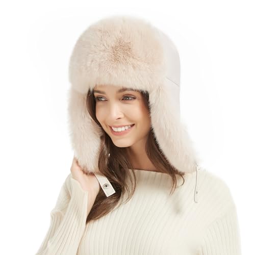 Winter Trapper Hat for Women Warm Faux Fur and Leather Windproof Full Hood Earflap Beanies - color: Beige2