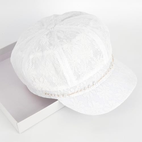 Women Pearl Chain Lace Cotton Blend Newsboy Cap Visor Paperboy Painter Hat - color: White