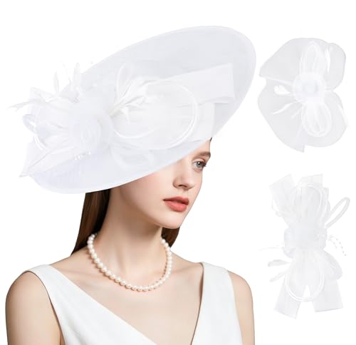 dressfan Wide Brim Fascinator Derby Hats for Women,20s Detachable Flower Hat with Headband for Derby Church Wedding Tea Party - color: White
