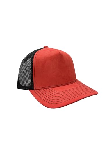 Ashen Fane Faux Suede Polyester Blend 5 Panel Classic Flat or Round Visor Adjustable Snapback Mesh Back Trucker Hat - color: Round - Red