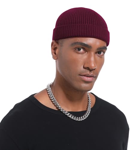 Wool Cuffed Beanie for Men Unisex Knit Watch Cap Thin Fisherman Beanies - color: Wine Red