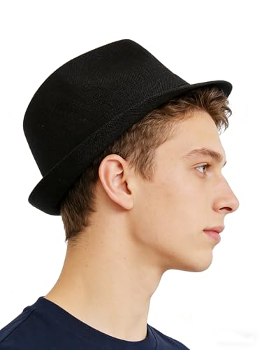 2 Pack Classic Fedora Hats Short Brim Trilby Panama Caps Cosplay Costumes Jazz Hat - color: Black + Red, size: Medium-Large
