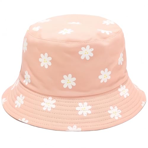 Reversible Bucket Hats for Women Men Flower Cotton Summer Travel Beach Sun Hats Packable Bucket Hats - color: Pink a