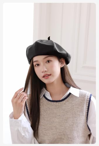 Women Classic PU Leather French Beret Beanie Hat Pumpkin Cap - color: Black B#