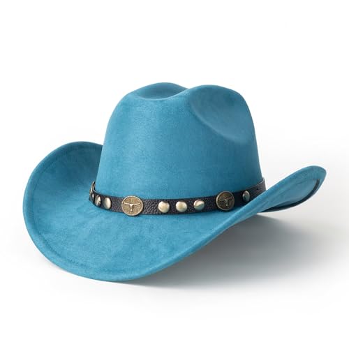 Western Cowboy Hat for Men Wide Brim Suede Cattleman Cowgril Hats - color: Black Belt /Peacock Blue