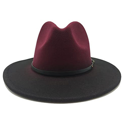 Willheoy Wide Brim Fedora Hats for Women & Men Two Tone Felt Hat Gradient Dress Hat - color: Wine