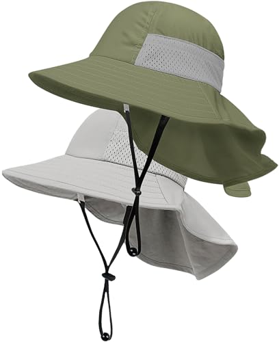 Toddler Baby Sun Hat Kids Summer Beach Essentials Adjustable Beach Hats with Bucket Wide Brim for Boys Girls Age 0-14 Years - color: 2 Pack - Dark Green+grey, size: 6-24 Months